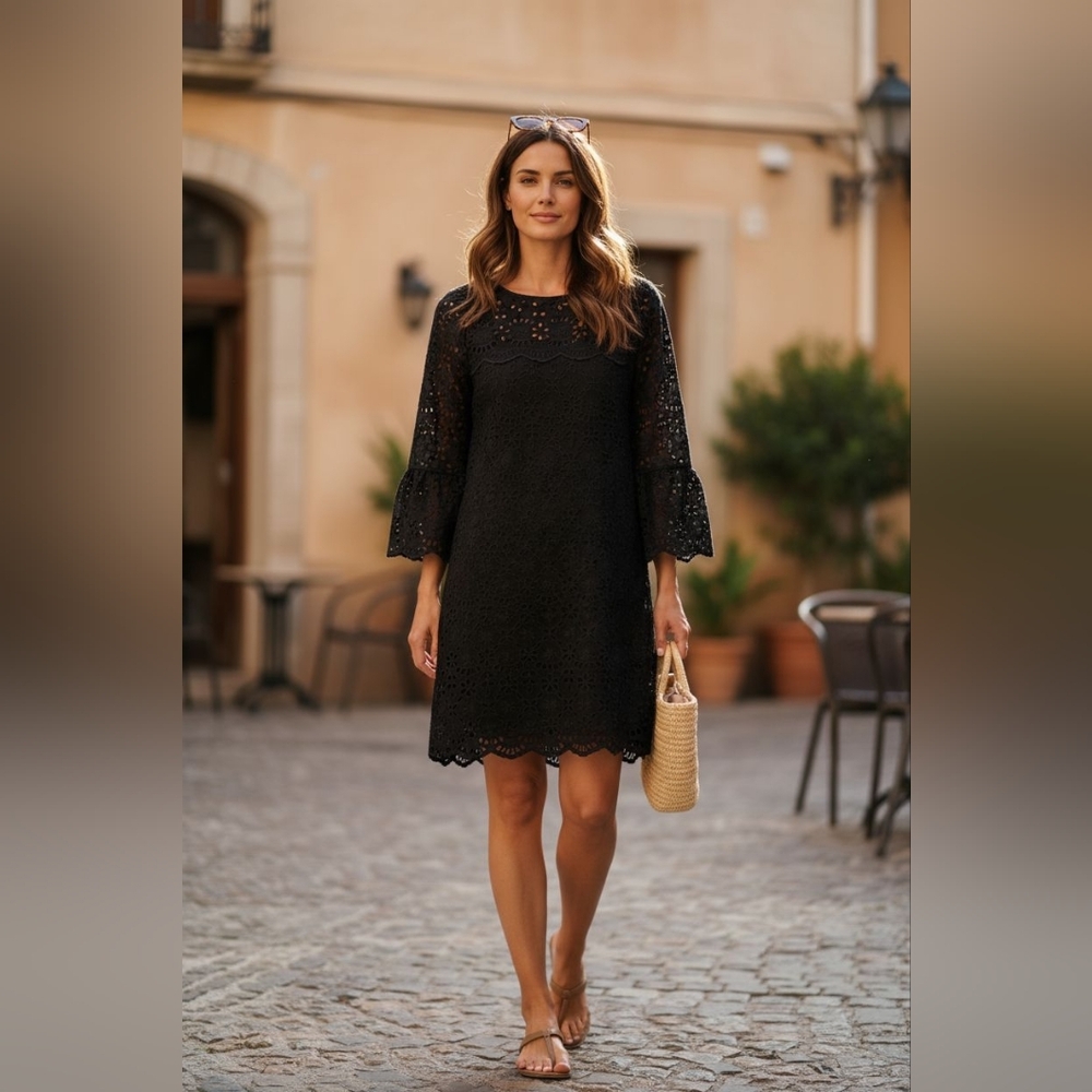 J. Crew Bell Sleeve Dress Womens 6 Black Embroidered Eyelet Minimalist Classic